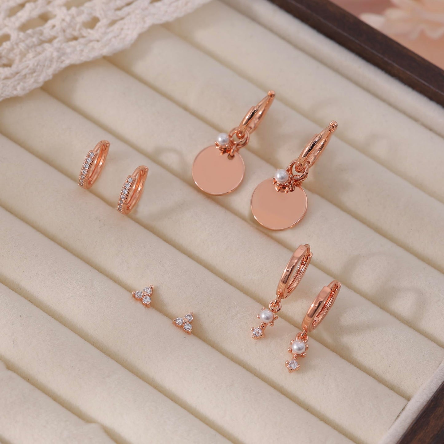 SELFROSE Rose Gold Earrings Set,Dainty Huggie Earrings Stack Hypoallergenic Rose Gold Earrings For Women Trendy Simple Prom Dangle Drop Earring Rose Jewelry Fashion Womens Earring Accessories