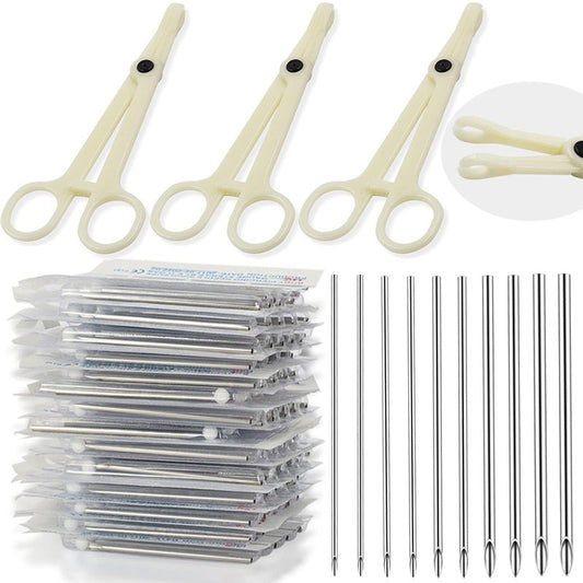 Lyuxzad Ear Nose Piercing Needles and Piercing Clamps Kit 75Pcs 50Pcs Mix Piercing Needles 12G 14G 16G 18G 20G Hollow Needles and 25Pcs Round Slotted Piercing Forceps for Ear Nose Belly Piercing Kit