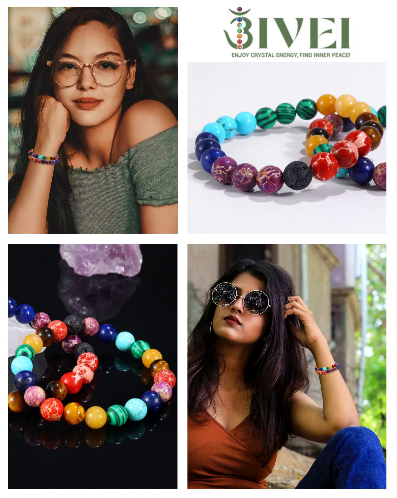 Bivei Natural Gemstone Semi Precious Crystals Handmade Stretchy Round Beads Bracelet, Enhance Positive Energy,Stocking Stuffers for Women(Chakra Bracelet (Inner Balance) Medium)