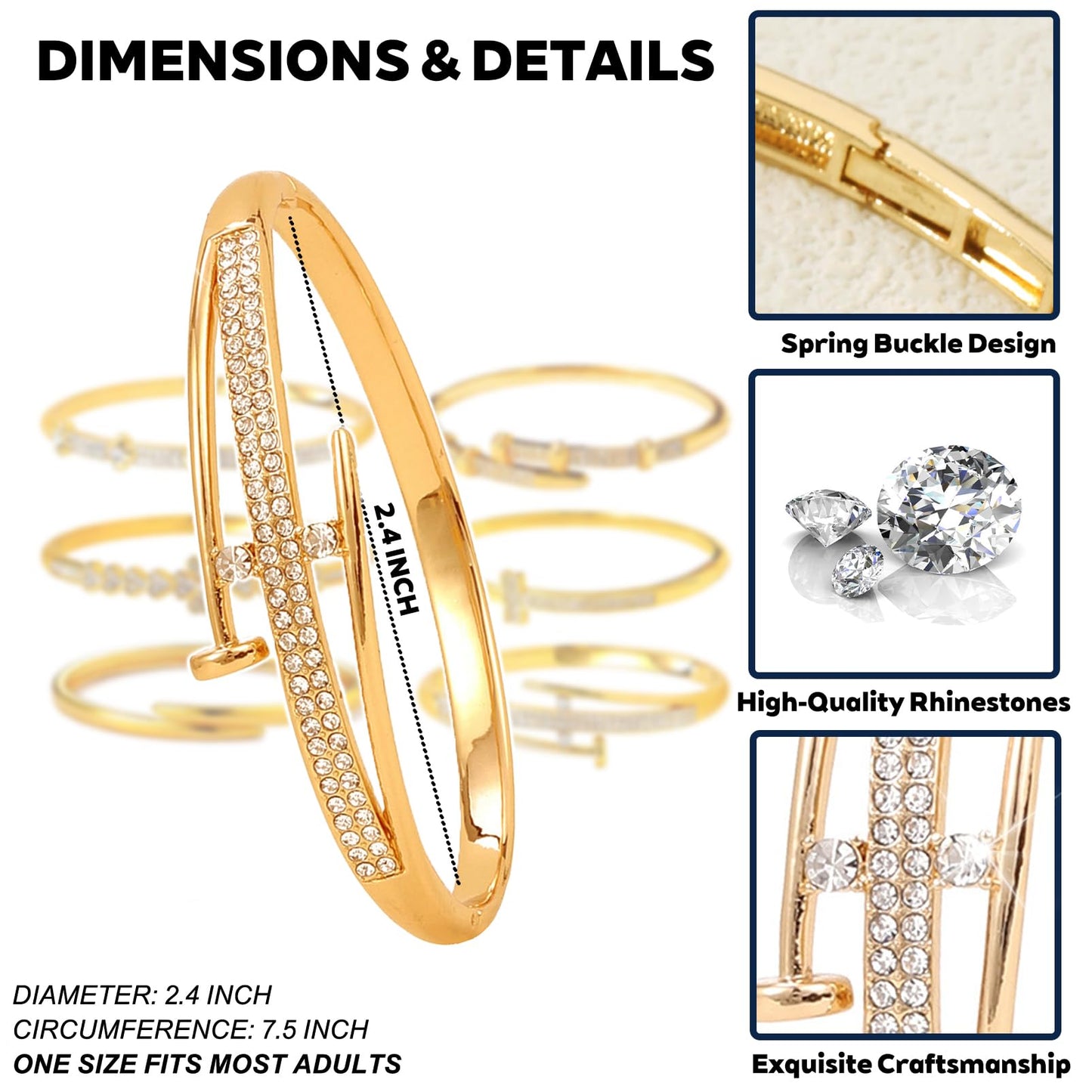 Pack of 6 - Gold Bracelet Bangles Bulk Set for Women,Trendy Stackable, Zinc Alloy Rivet & Four-Leaf Clover Design Stackable Bangles with Rhinestones, 7-inch Circumference Fits Most Adults, Jewelry Gift for Her, Girlfriend, Wife, Mom, Sister, Lover on Birt