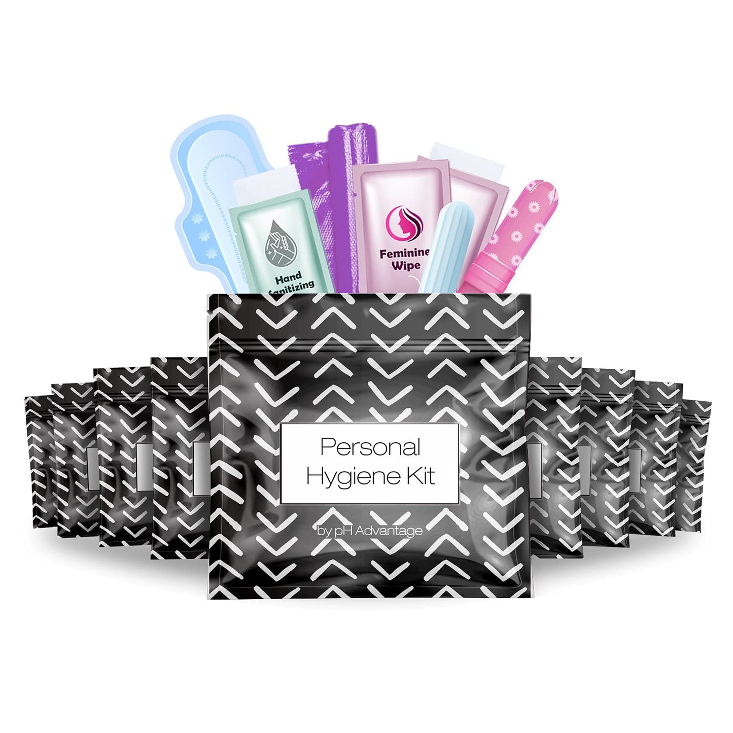 Menstrual Kit All-in-One 10 Pack | Convenience on The Go | Period Kit Pack for Travelling, Tweens & Teenager | Individually Wrapped Feminine Hygiene Product (Black Treads)