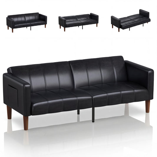 75 in Futon Sofa Bed, Faux Leather Convertible Couch with Adjustable Backrest, Side Pocket, Mid Century Modern Loveseat Sleeper Sofa for Living Room, Bedroom, Apartment, Small Spaces, Black