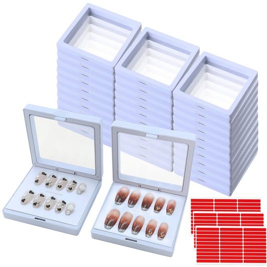 GUXACU 32 Pack Press On Nail Packaging Boxes - 3D Floating Storage and Display Box With 90pcs Double Sided Adhesive Tape for Nail Tech