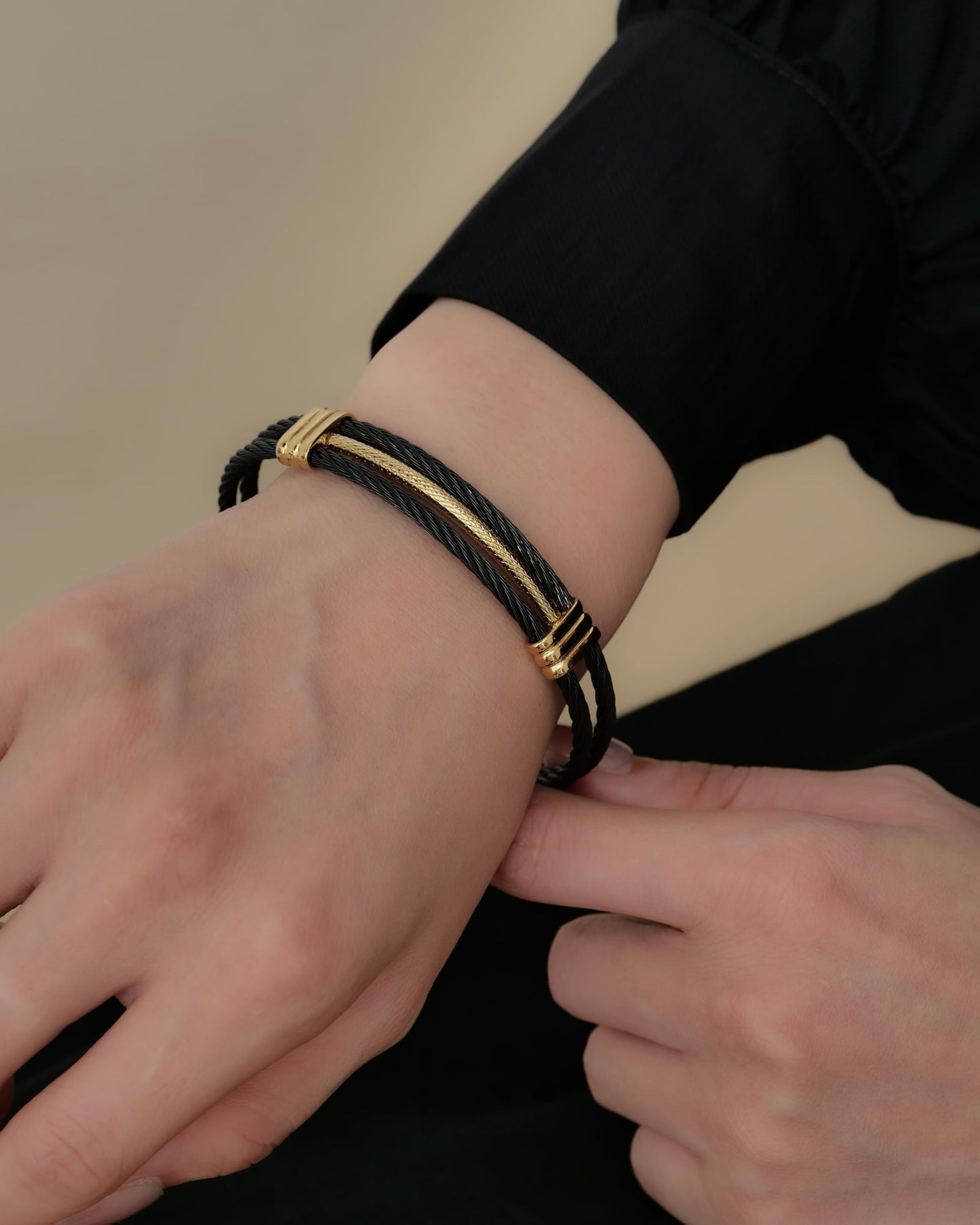 LXBQYSTO Cable Wire Twisted Cuff Bangle Bracelet For Women 14K Gold/rose/silver Stainless Steel Jewelry for Women Gift (Cuff-Black&Gold)