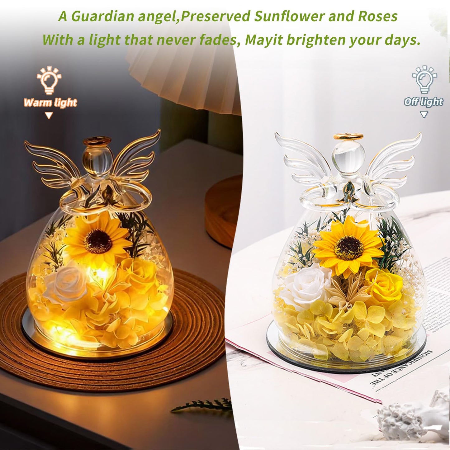 Angel Glass Dome with LED Lights, Preserved Sunflower and Rose Arrangement, Crystal Wings Topper,for Mother's Day,Valentine's Day,Birthday,for Indoor,for You to Send Love for All Occasions