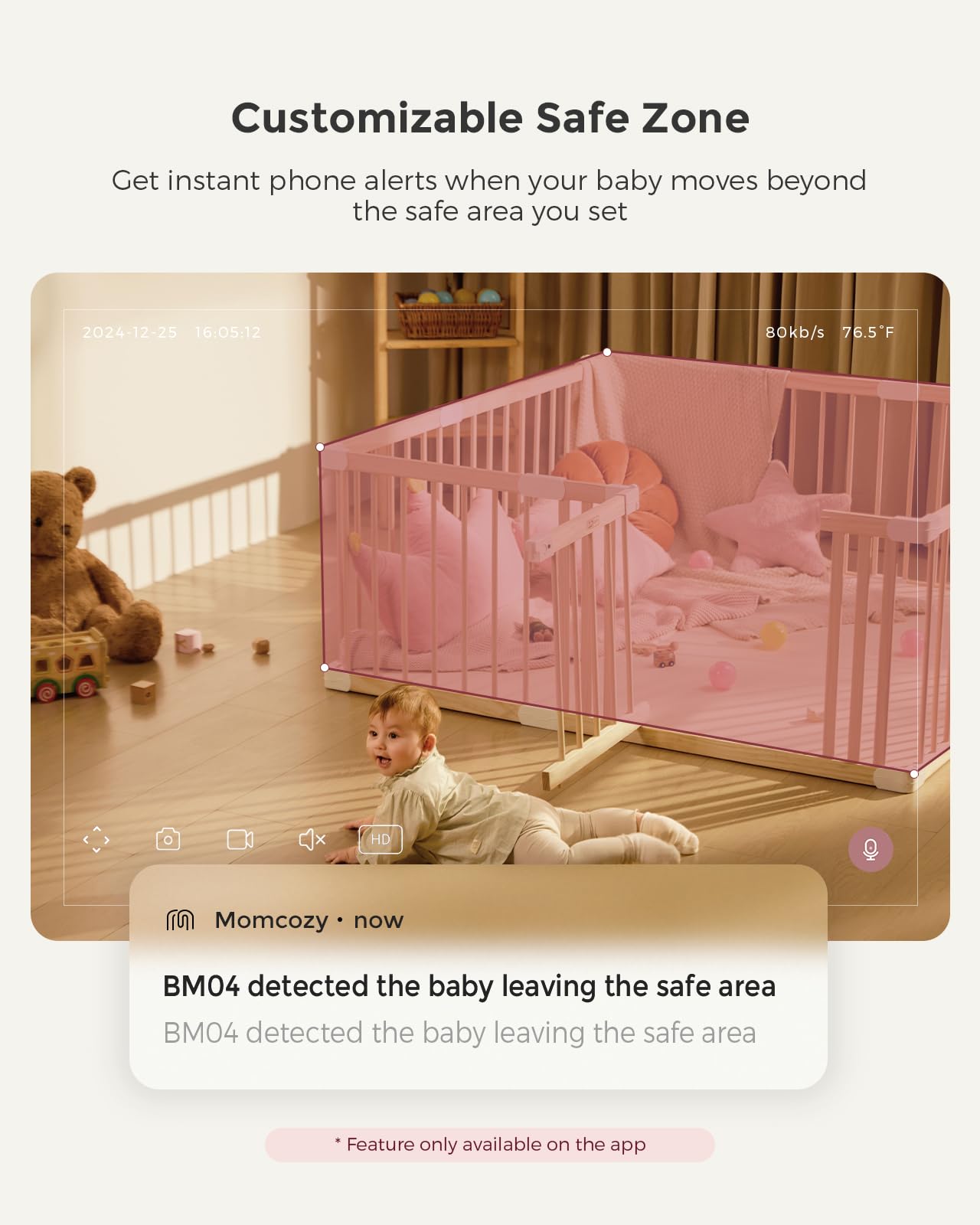 Momcozy Smart WiFi Baby Monitor with Camera and Audio, 5" 1080P Screen with Wall Mount, Motion & Cry Detection, Safe Fence, Clear Night Vision, 5000mAh Battery, 2-Way Talk, Photo & Video Recording