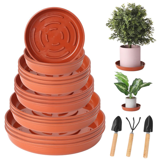15 Pcs Terracotta Plant Saucer Pots Tray, 6.3/7.09/7.95/9.29/10.04 Inch Round Plastic Plant Saucers, Terracotta Plant Drip Trays with 3 Gardening Tools,Flower Pot Tray for Indoor Outdoor Plants