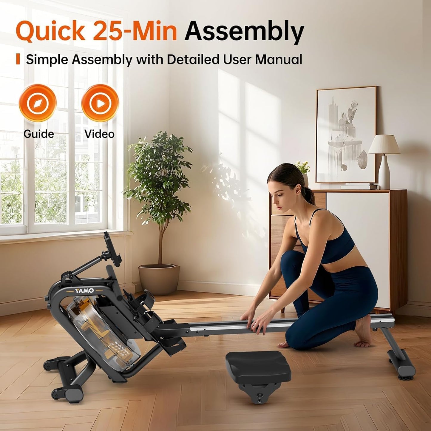 YAMO Rowing Machines for Home, Water Rowing Machine for Immersive Water Rower, Indoor Rowing Machine Large Water Tank & Comfortable Seat, 350lbs Weight Capacity, App Compatible,LCD Monitor