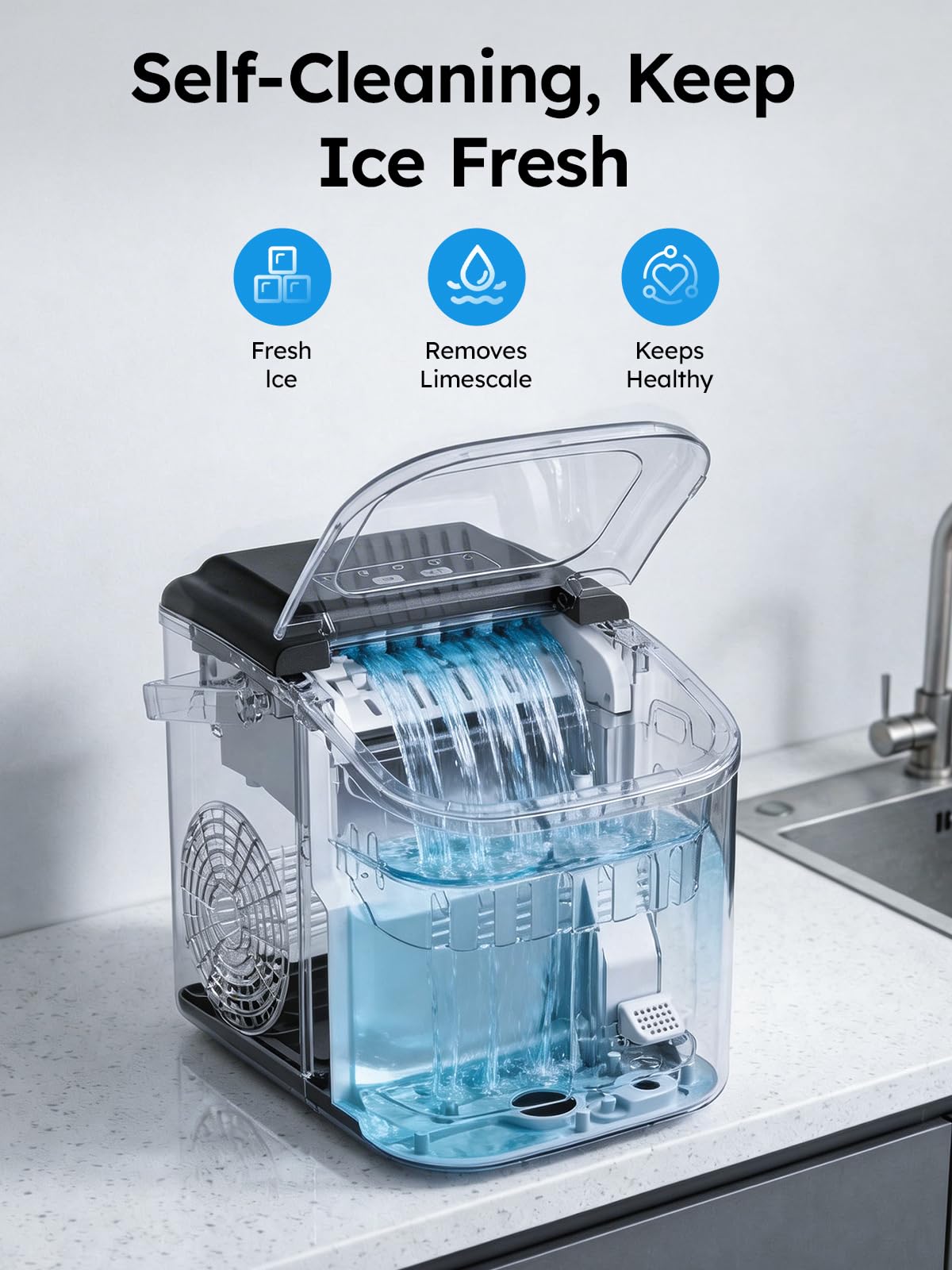 Countertop Ice Maker, 26lbs/24H Portable Ice Maker with Handle, 8 Ice Cubes Ready in 6 Mins, Self-Cleaning Ice Makers Countertop for Home/Party/Travel/Camping/Bar