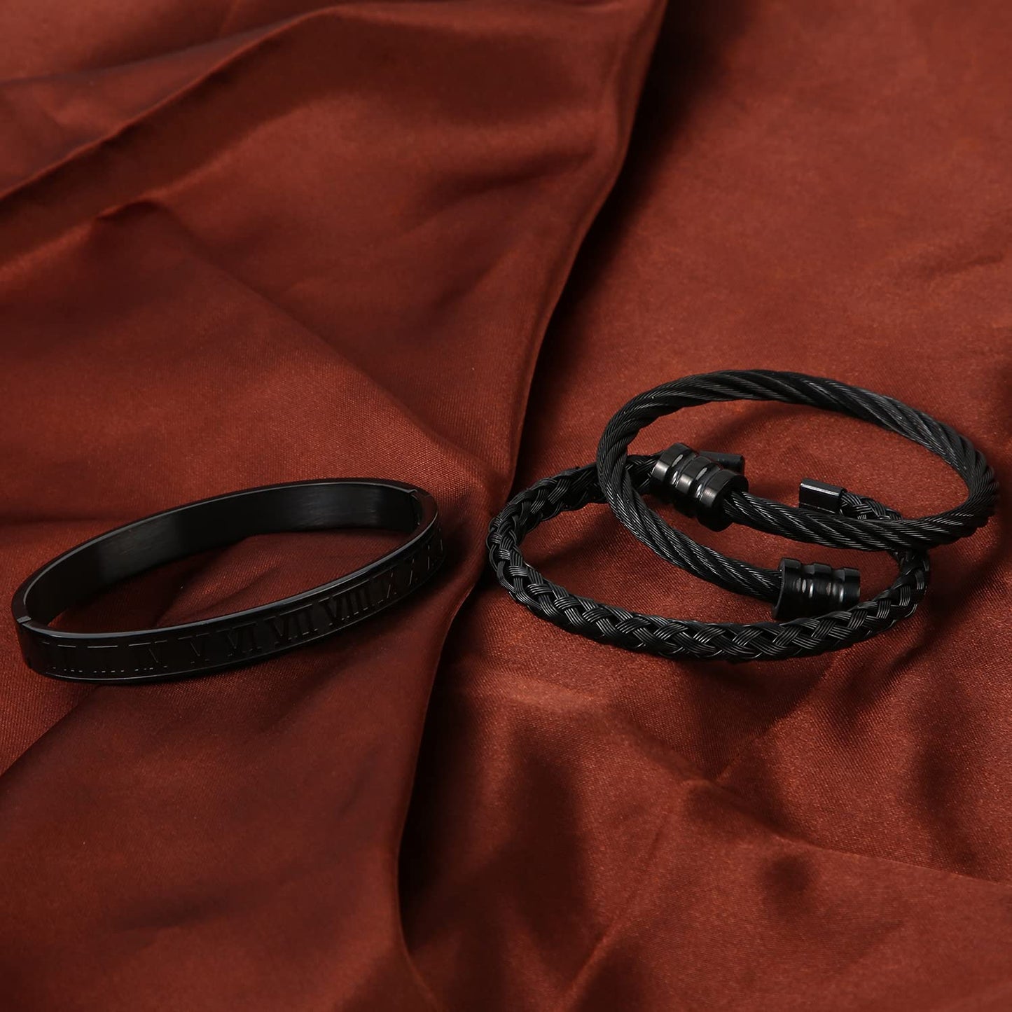 WFYOU 3PCS Stainless Steel Bracelets for Men Gold Roman Numeral Bangle Bracelet Twisted Cable Bracelet Adjustable Cuff Bracelet Mens Luxury Jewelry Bracelets Gifts