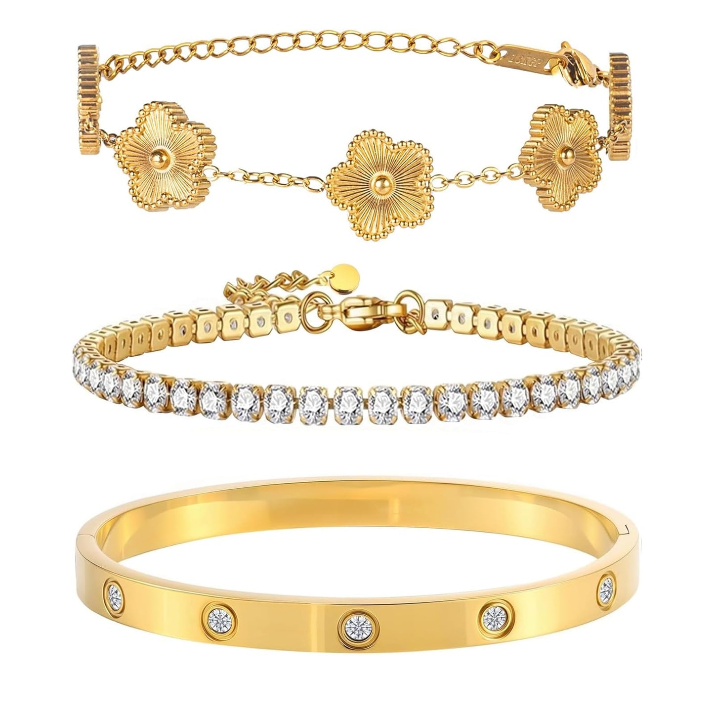 Ciormis Gold Plated Clover Tennis Love Bracelets Set for Women, Tarnish Free 18K Gold Bangles Trendy Floral Jewelry Gift for for Girlfriends Women Wife Anniversary Valentines Birthday Christmas