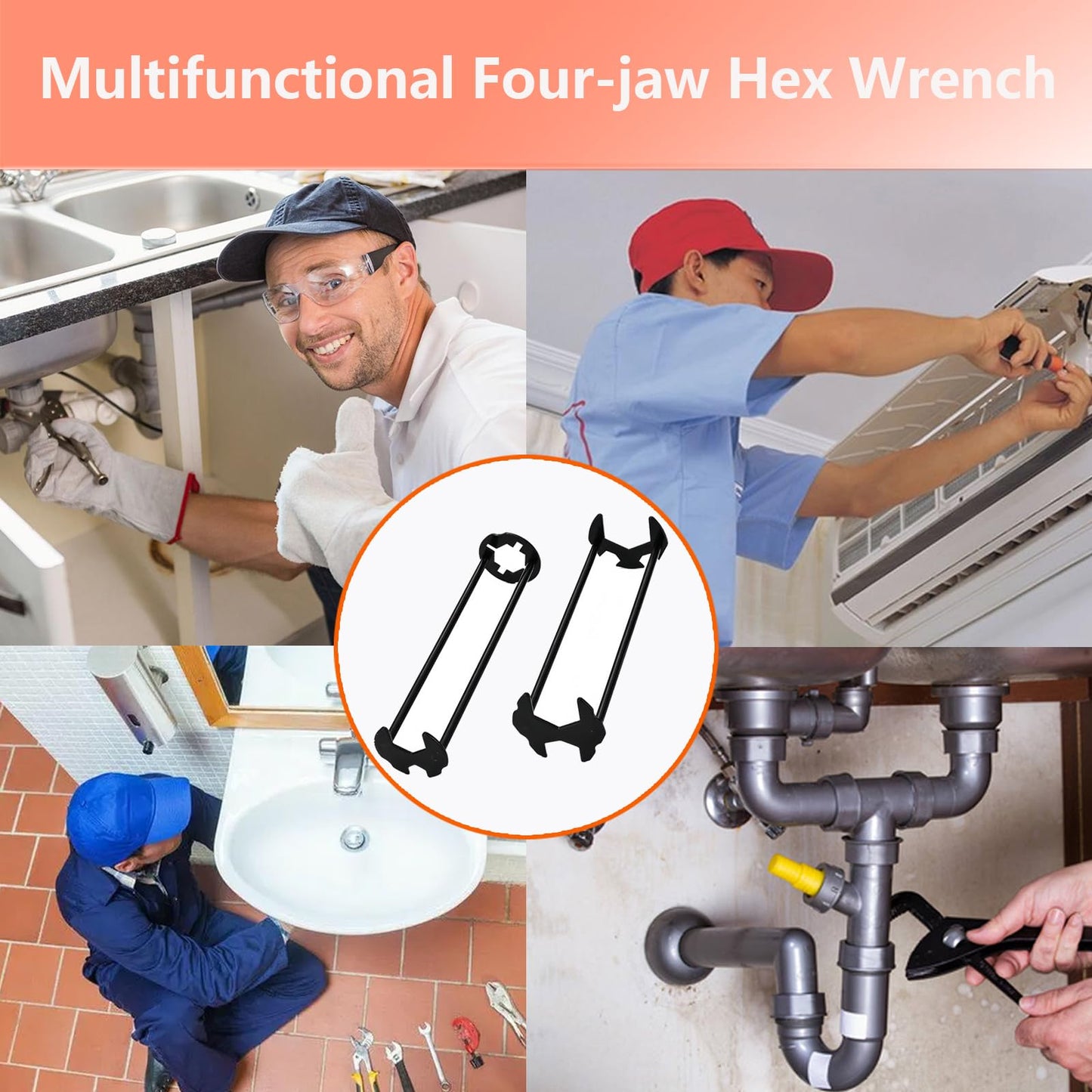 2 Pcs Four-jaw Hex Wrench, Basin Wrench Set,Tight Spaces Maintenance Installation Removal Faucet Tools, for Kitchen Bathroom Screws & Threads, Incompatible for Moen, Kohler, MasterFlow, Non-generic