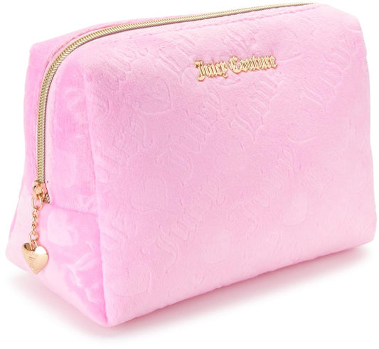 Juicy Couture Pink Makeup Bag Cosmetics Organizer Travel Essentials Zip Top Wedge Velour Heart
