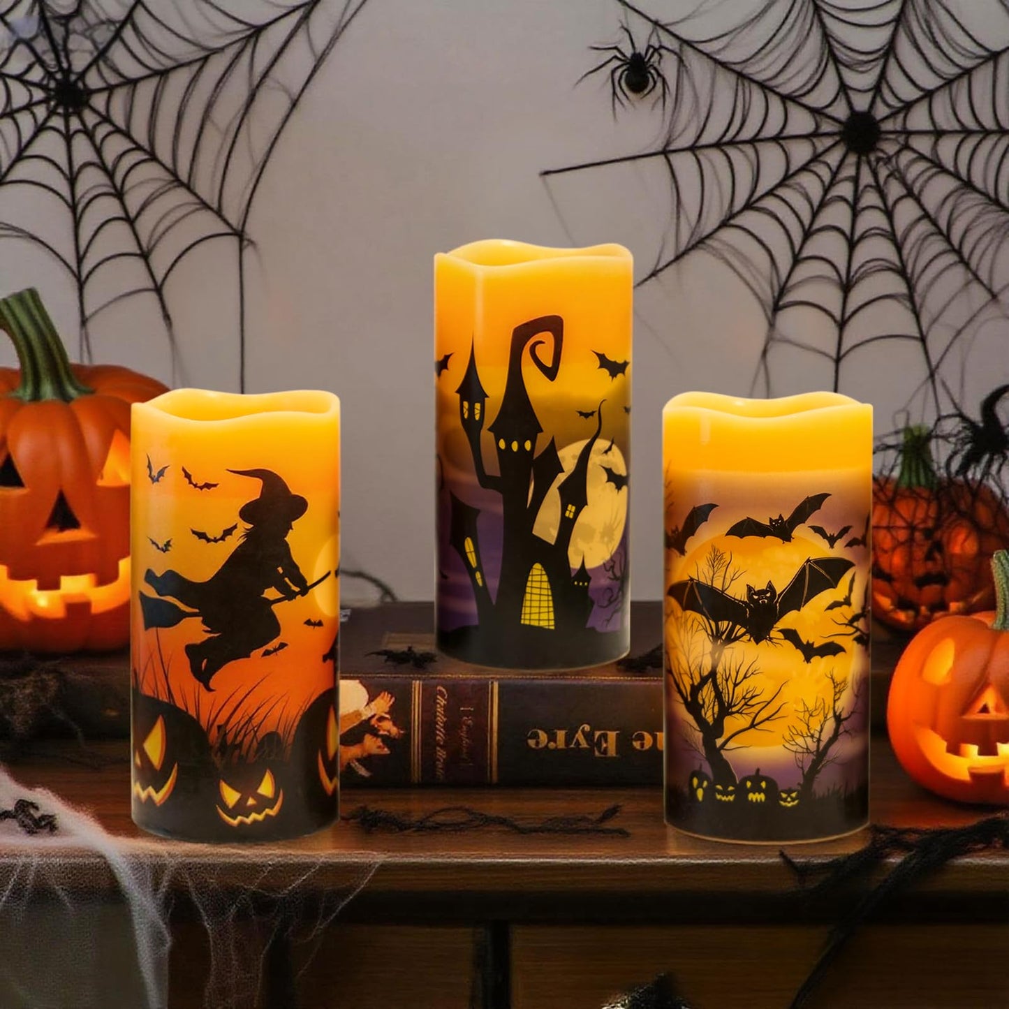 DRomance Rechargeable Halloween Flameless Candles Battery Operated with 6 Hour Timer Real Wax Flickering LED Pillar Candles Bats Witch Pumpkin Dinner Halloween Indoor Deocration(3 Pack, 3" D x 6"" H)"