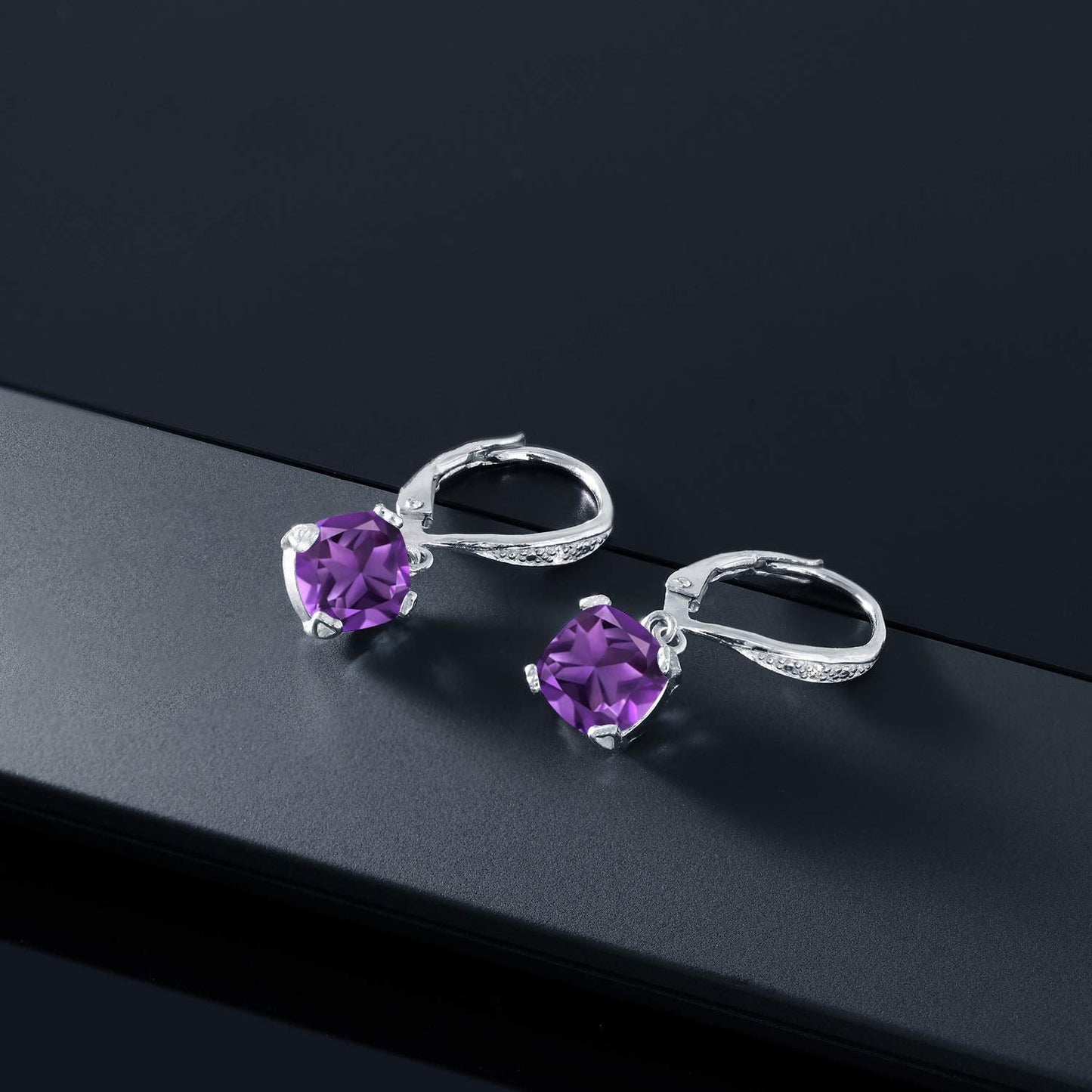 Gem Stone King Drop Dangle Earrings For Women | 7MM Cushion Cut Gemstone Birthstone and Diamond | 925 Sterling Silver | Jewelry Gift for Mom Wife Her | Amethyst-February | Sterling Silver