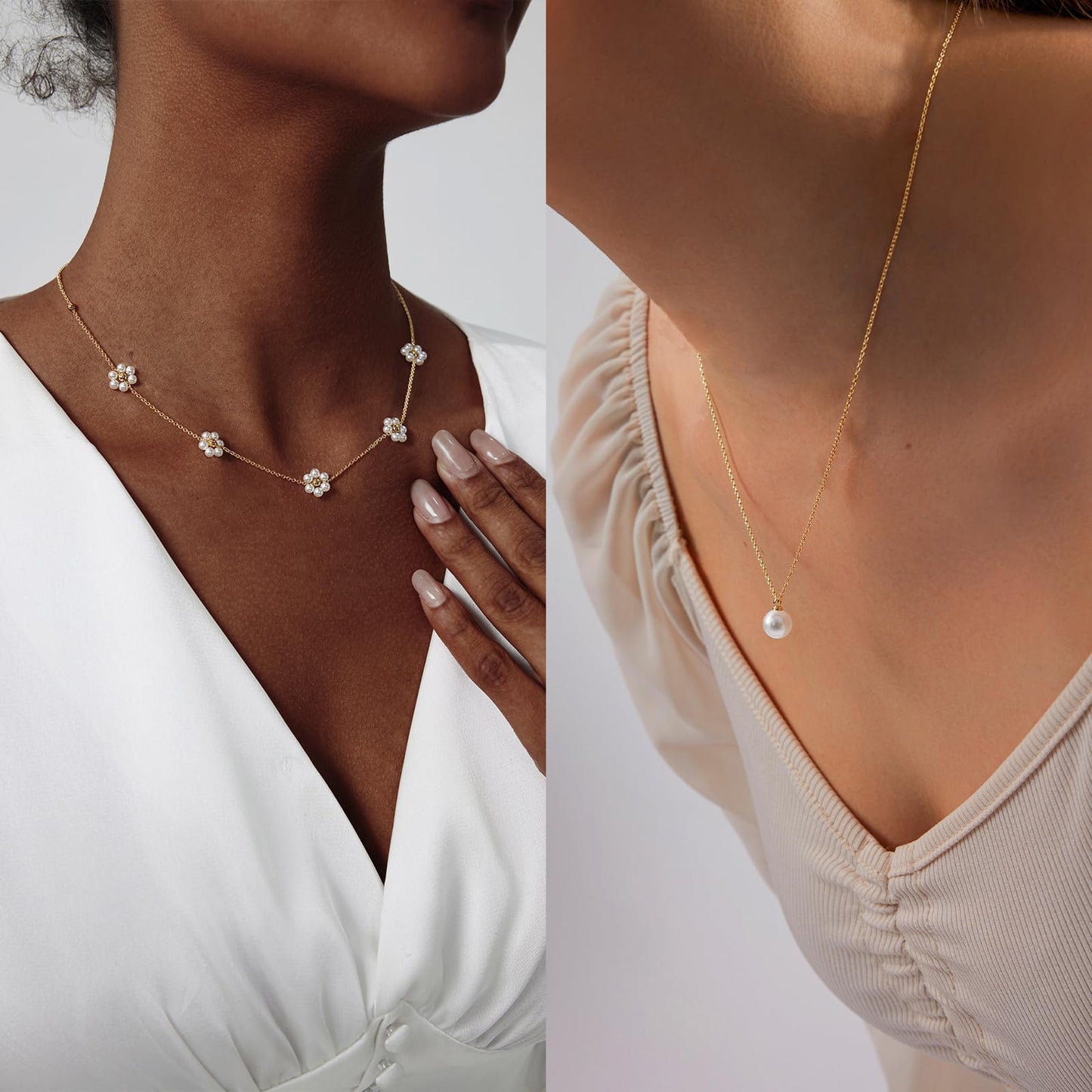 Luxval Layered Gold Pearl Necklaces Dainty Layered Simple Pearls Choker Chain Cute Daisy Pearl Choker Necklace Set Flower Necklaces for Women Trendy Wedding Jewelry Gifts