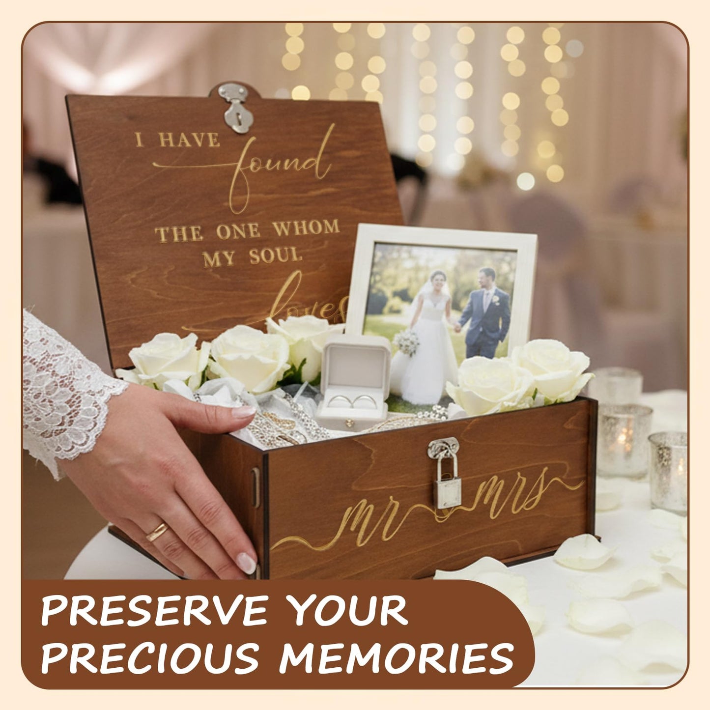 OurWarm Wedding Keepsake Box with Lock, Large Wooden Memory Box for Keepsakes, Wood Decorative Photo Storage Boxes with Lids, Mr and Mrs Personalized Anniversary Engagement Gifts for Couples