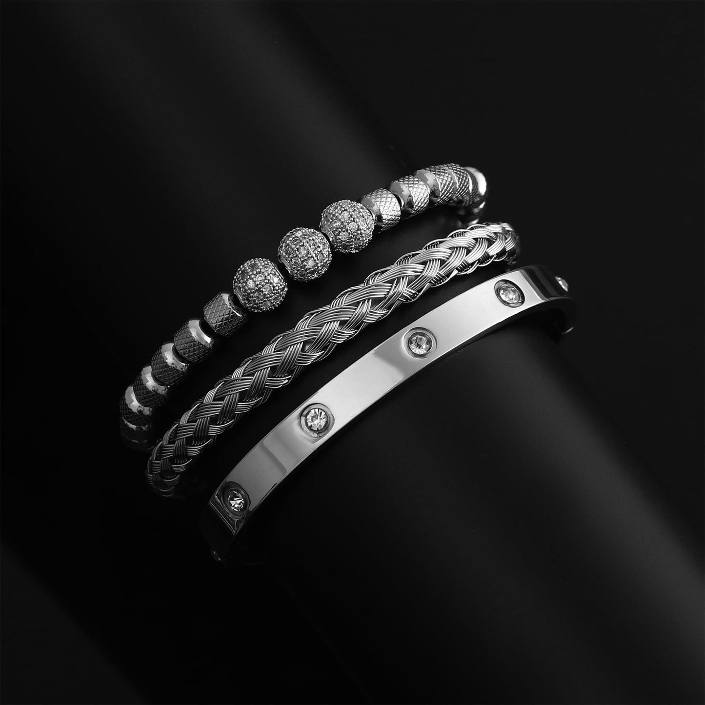 WFYOU 3PCS Stainless Steel Bracelets for Men Gold Roman Numeral Bangle Bracelet Twisted Cable Bracelet Adjustable Cuff Bracelet Mens Luxury Jewelry Bracelets Gifts(N:Silver-CZ Round Beads)