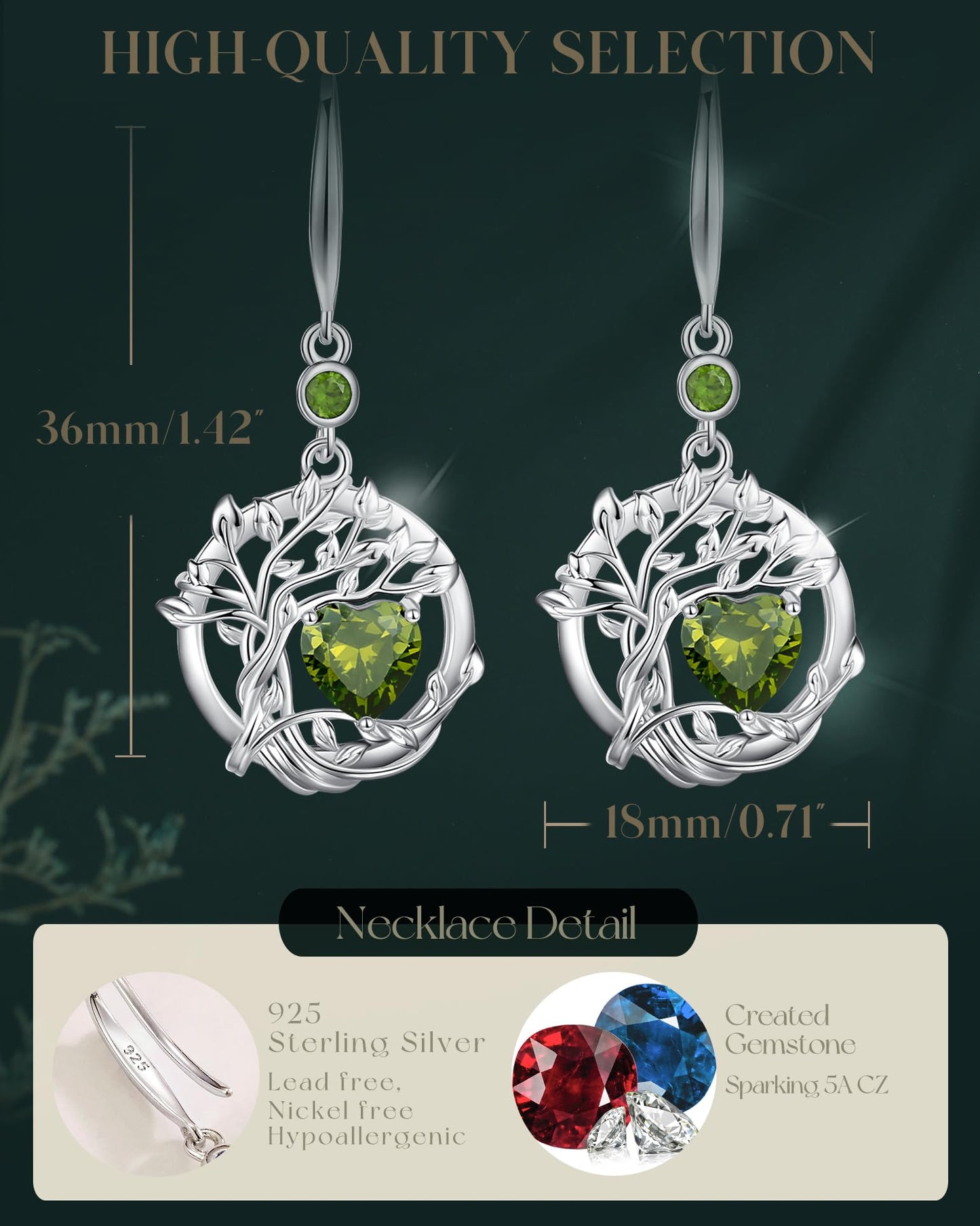 FANCIME Tree of Life Earrings 925 Sterling Silver Dainty Green Peridot Dangle Drop Gemstone Earring August Birthstone Fine Jewelry Birthday Mothers Day Gifts for Mom Her Women