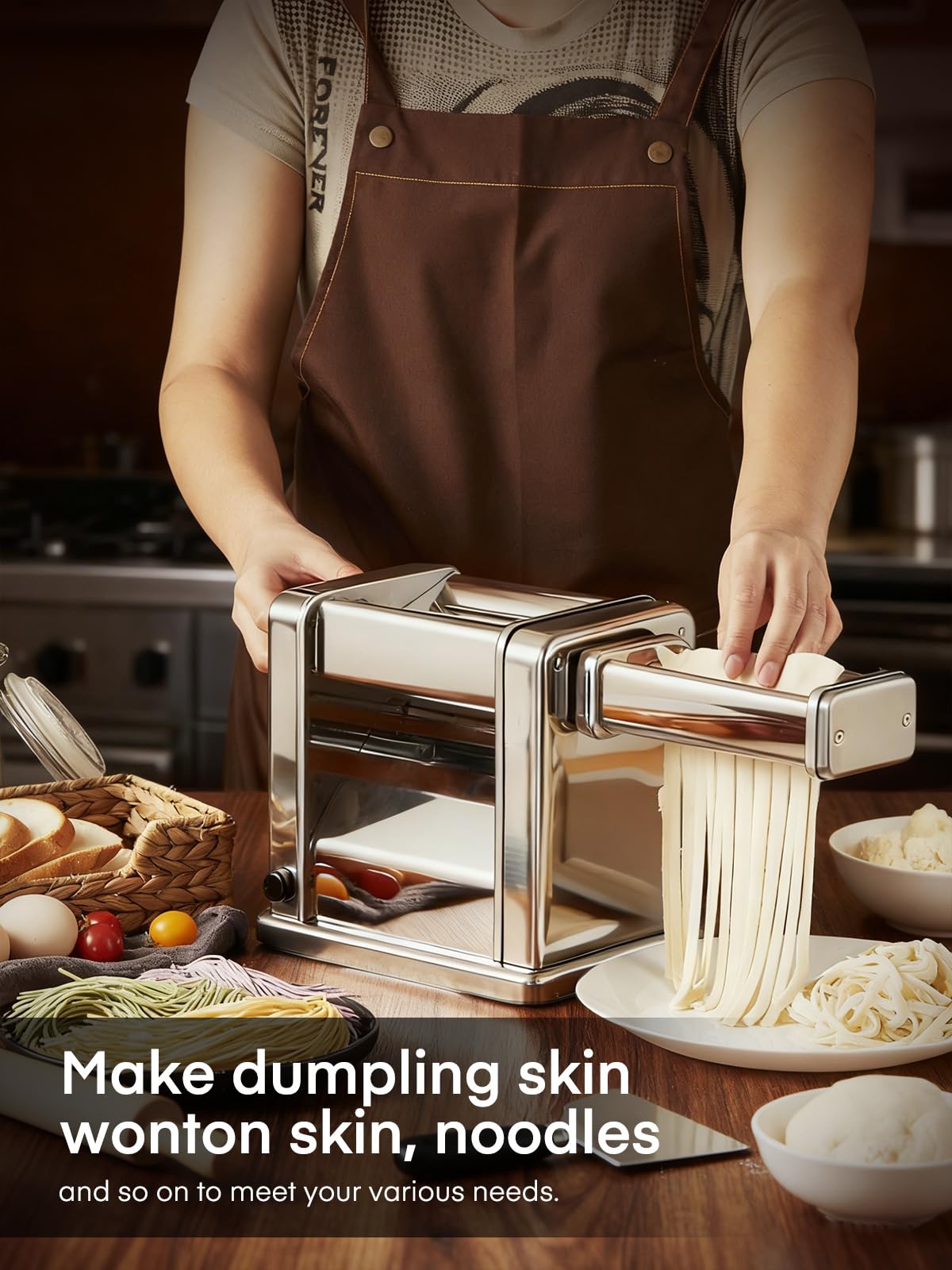 FOHERE Electric Pasta Maker Machine, Adjustable Thickness Noodle Maker for Spaghetti, Fettuccine, Lasagna & Dumpling Skins | 7-Level Customization, Food-Grade Stainless Steel, Easy Clean