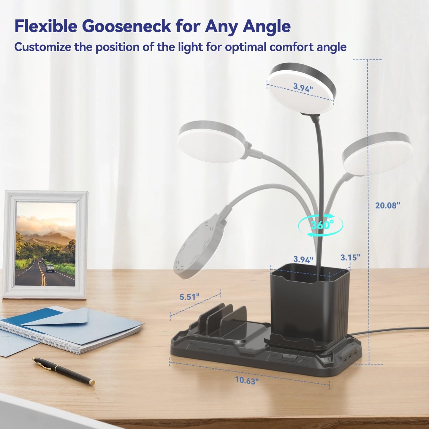 KDD Desk Lamp with USB A&C Charger Ports - Reading Desktop Light with Pen & Phone Holder - Adjustable Brightness Lights with Device Slots - 360°Gooseneck Table Lamp for Home Office College Dorm Room