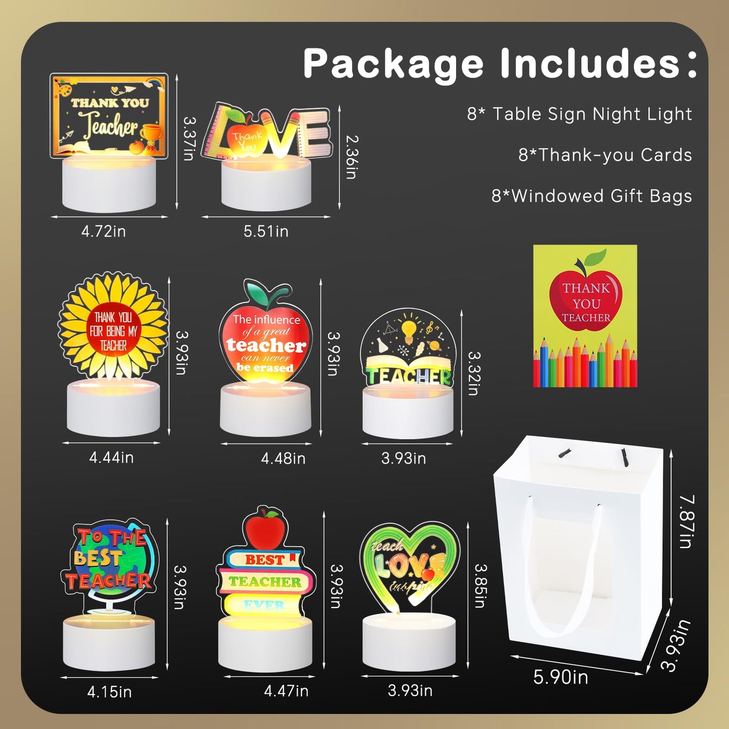 8 Set/24 Pcs Teacher Appreciation Gifts Bulk, Acrylic Night Light Light up Engraved Table Sign Graduation Farewell Thank You Teacher Gifts for Desk Decor Night Lamp with Thank You Cards Bags