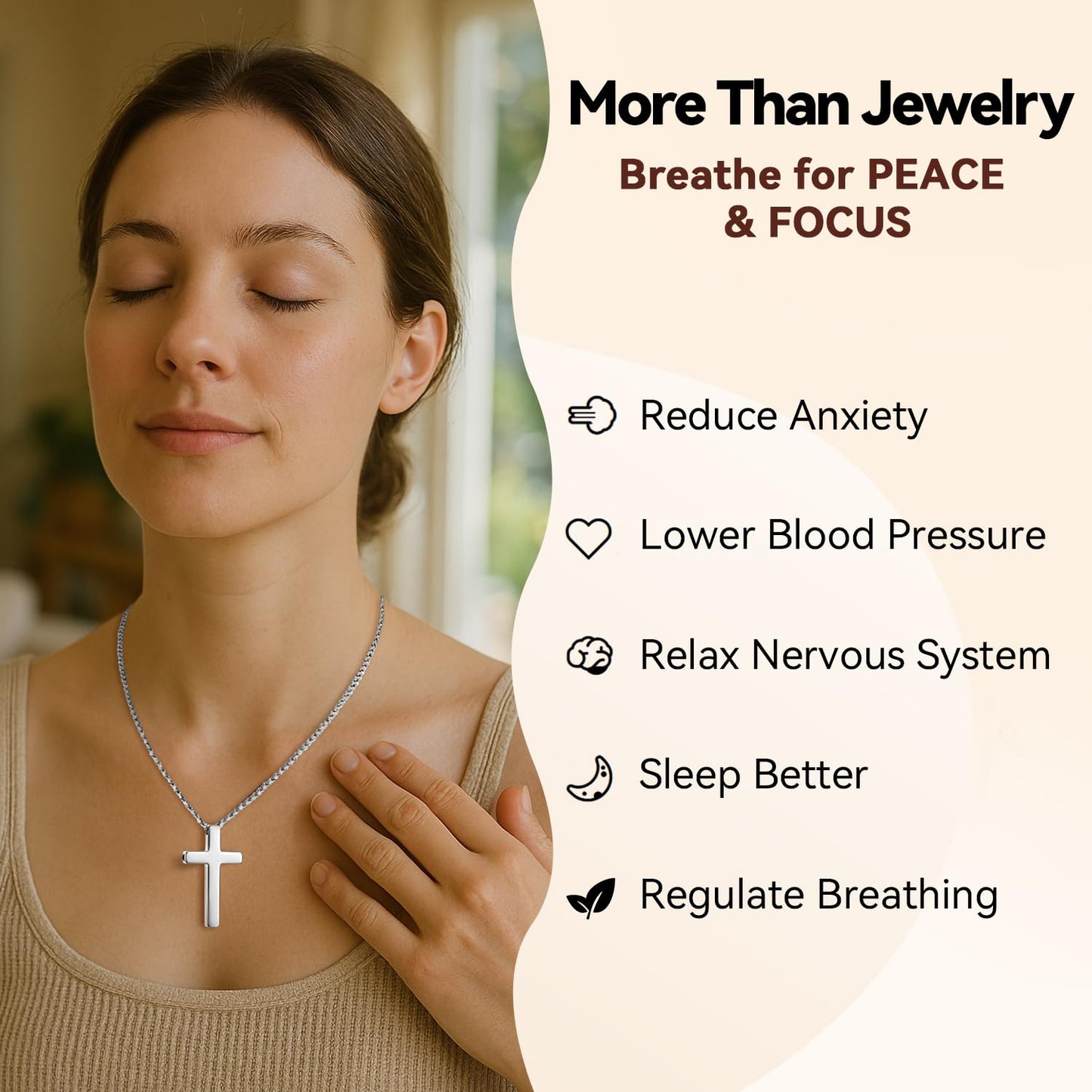 FUNPAR Cross Breathing Necklace for Anxiety Relief and Relaxation, Breathlink Design Quit Smoking Aid, Stainless Steel Mindfulness Tool to Calm, Stylish Wellness Gift for Adults(Silver 28:20)