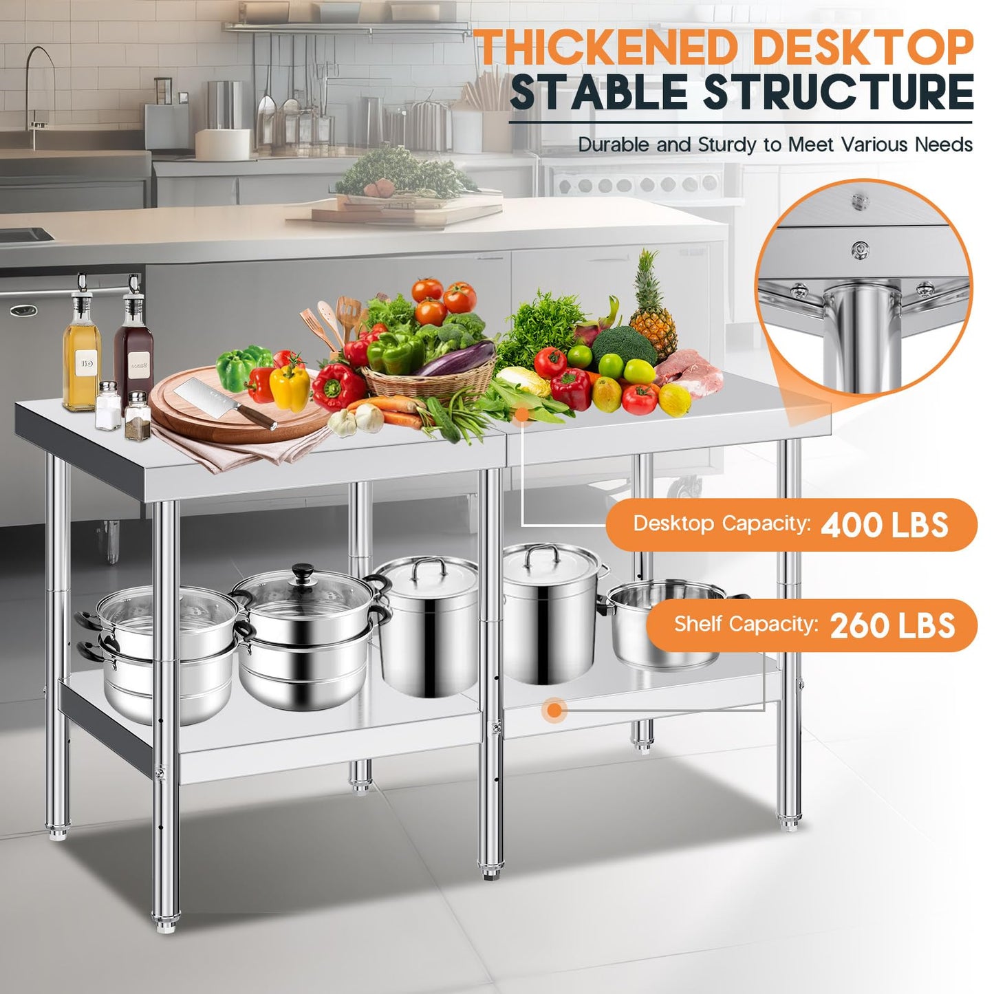 Jocisland 30" x 60" Stainless Steel Table for Prep & Work, NSF Certified Adjustable Under Shelf and Feet, for Commercial Kitchen, Restaurant, Hotel and Garage