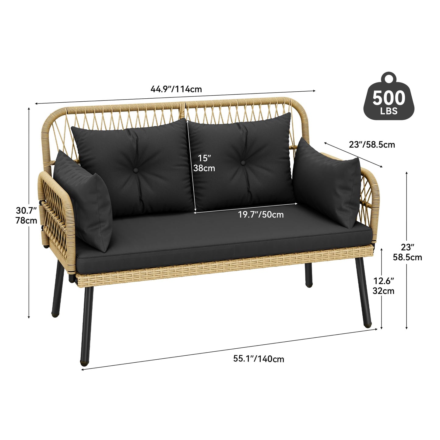 YITAHOME Patio Furniture Wicker Outdoor Loveseat, All-Weather Rattan Conversation for Backyard, Balcony and Deck with Soft Cushions (Light Brown+Black)