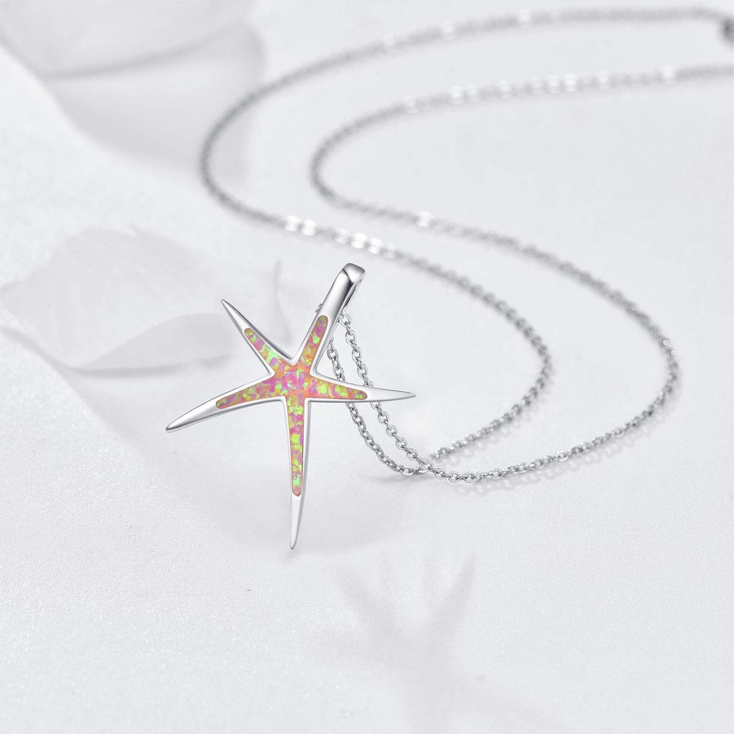 Cuoka Starfish Necklace, 925 Sterling Silver with Pink Opal, Hawaiian Beach Nautical Ocean Pendant, Starfish Jewelry Opal Jewelry Valentine for Women Girlfriend