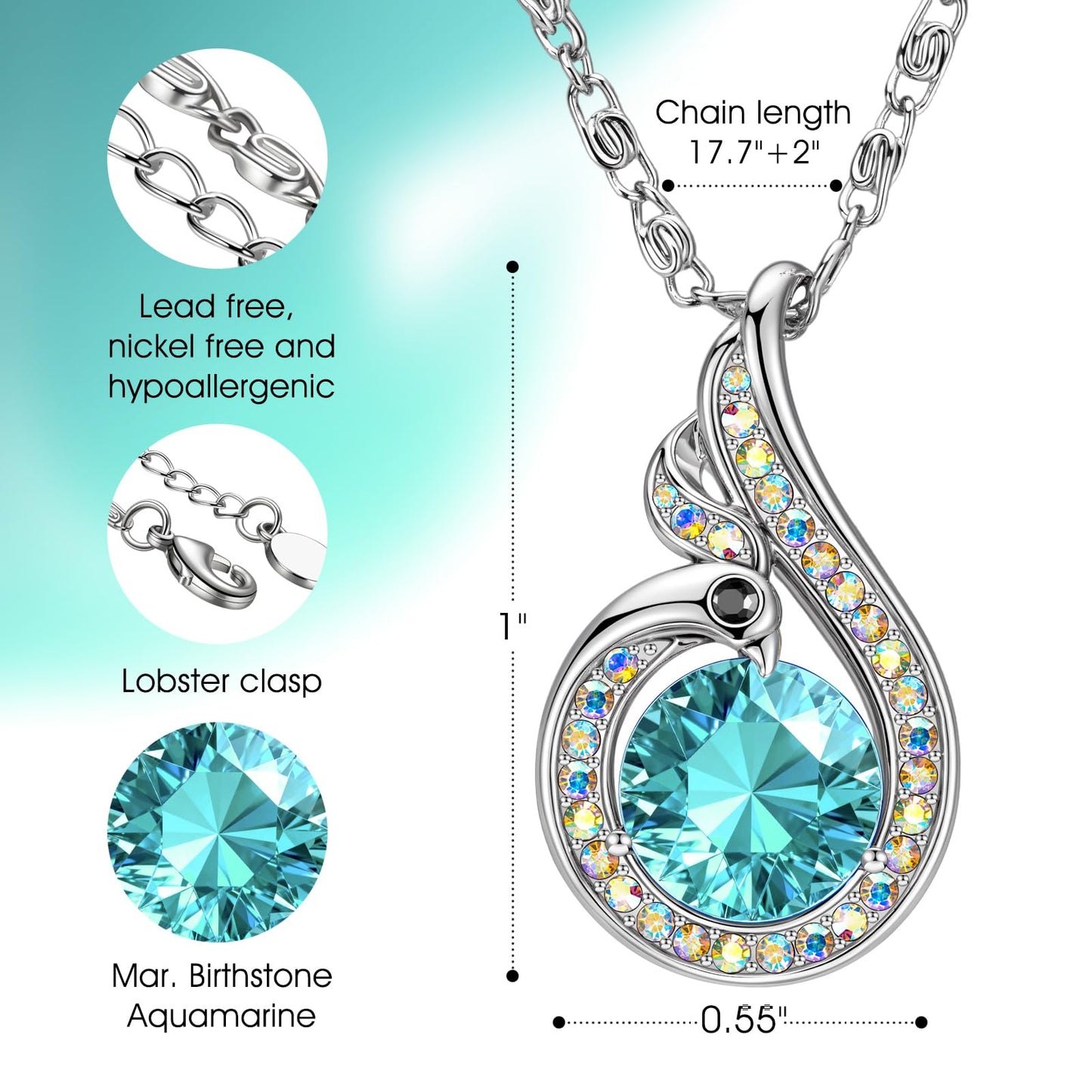 Kate Lynn Phoenix Birthstone Necklaces for Women Pendant Necklace Crystal Jewelry, Birthday Gifts for Women Wife Girlfriend Mothers Day Gift for Mom Daughter Unique Lady Christmas Jewelry Gift for Her, December Birthstone Turquoise Necklace
