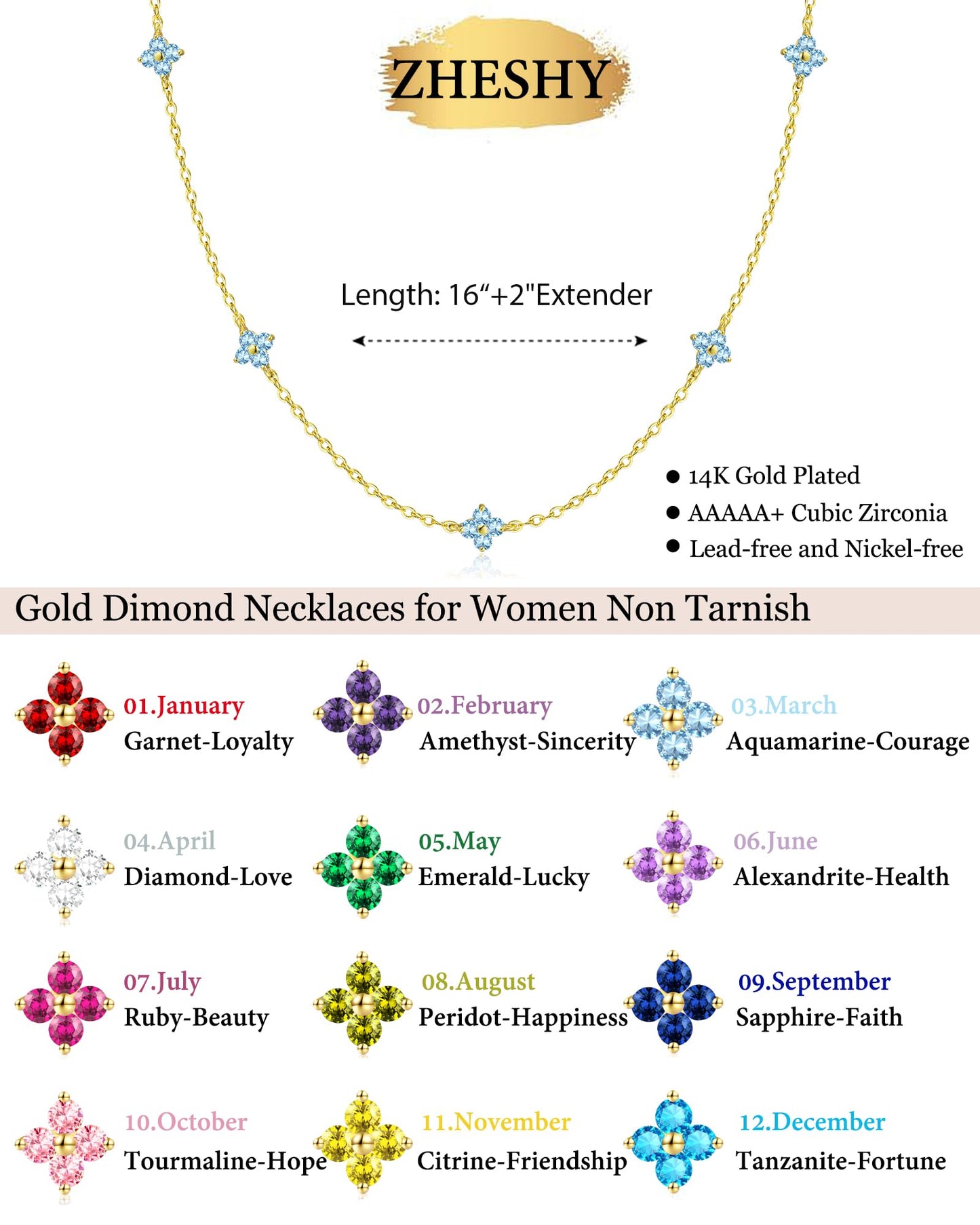 ZHESHY Birthstone Gold Necklace for Women Dainty Non Tarnish 14K Gold Plated Diamond Choker Necklaces Clover Cubic Zirconia Necklace Birthday Valentine's Day Gifts Womens Prom Gold Jewelry
