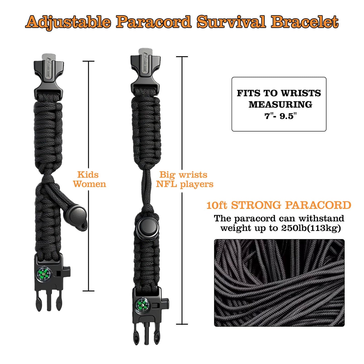 NVioAsport Paracord Survival Bracelet (3 Pack) - Adjustable with Fire Starter, Whistle, Compass - Survival Gear for Hiking, Camping, Fishing, Gifts for Men Dad Husband