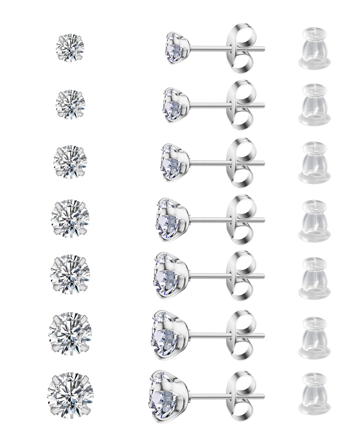 Arminor 7 Pairs 20G Stud Earrings for Women Men Hypoallergenic 316L Surgical Stainless Steel Earrings for Multiple Piercing | AAAAA+ Cubic Zirconia Earring Stacks with Butterfly & Silicone Backs
