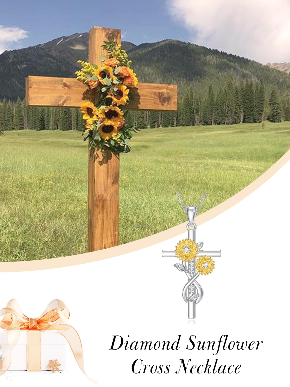 ZBA Natural Diamond Sunflower Necklace Sunflowers Gifts for Women Sterling Silver Sunflower Cross Pendant Faith Jewelry Anniversary Valentines Mothers Day Gifts for Mom Mother Women Wife Girlfriend Her Mom