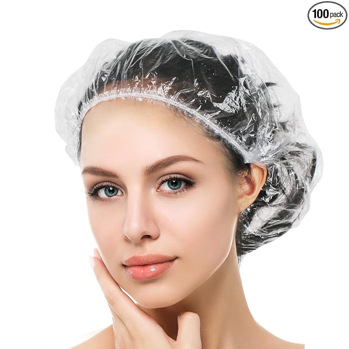 Auban 100PCS Disposable Shower Caps Independent Packing, Plastic Clear Hair Cap Large Thick Waterproof Bath Caps for Women, Travel Essentials Accessories (20.5")