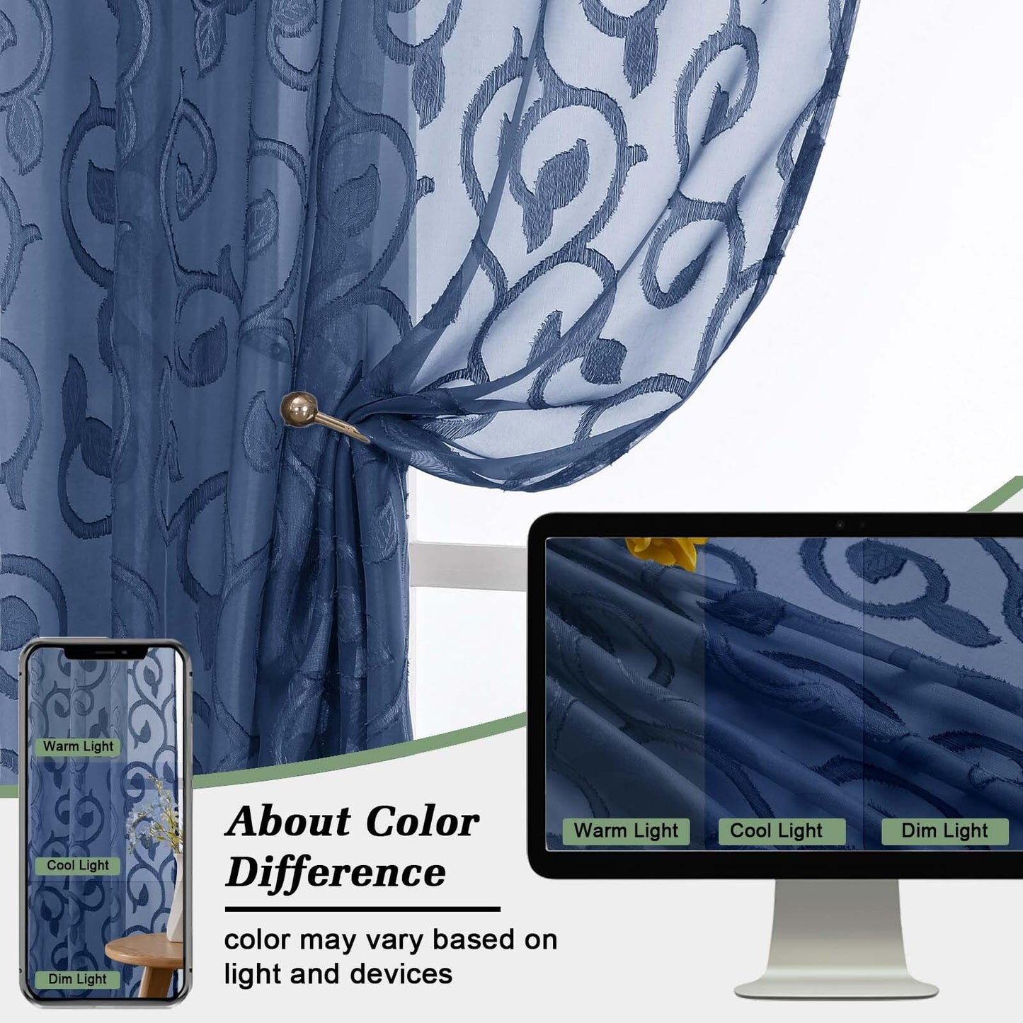 WelvetBLK Sheer Dusty Blue Curtains for Bedroom Living Room 63 Inch Length 2 Panels Set, Soft Airy Light Filtering Geometric Jacquard Clip Curtains Drapes, Modern Rod Pocket, 2Pcs 42" Wx63 L Inch