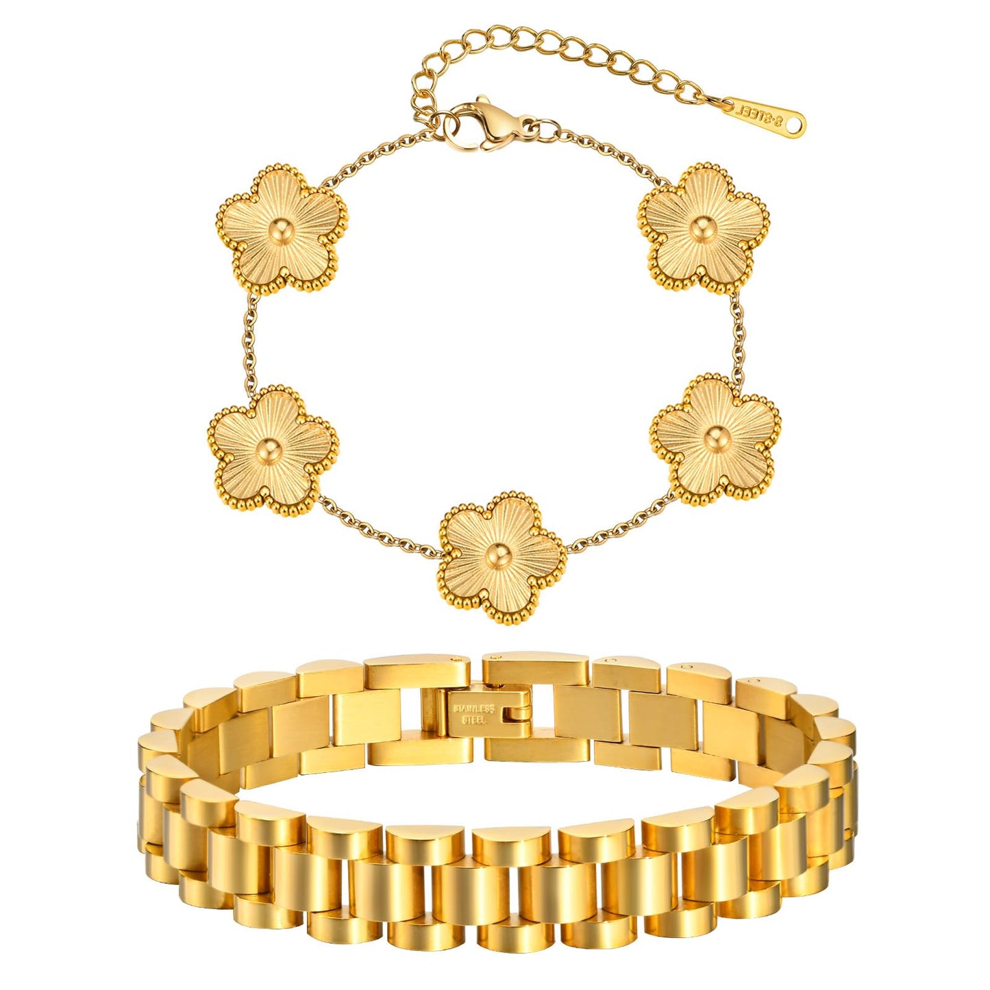 Stackable Gold Floral Bracelets Set , 2pcs 18K Gold Plated Bracelet Non-Tarnish,Stainless Steel Link Chain Friendship Bracelet,Watch Band Trendy Jewelry,Christmas Valentines Birthday Gifts for Women