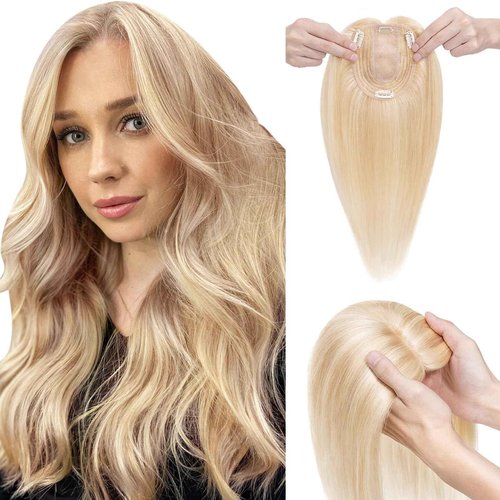 Elailite Human Hair Toppers for Women Real Human Hair Thin 4.7"x3.9" Silk Base Clip in Remy Hairpieces 8 Inch Sandy Blonde mix Bleach Blonde
