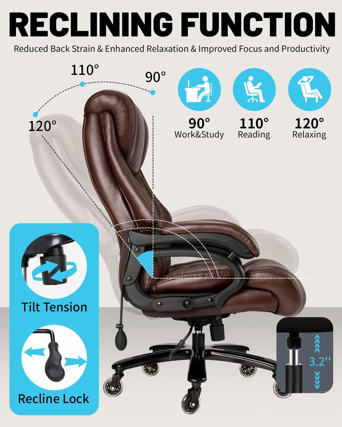 800lbs Executive Chairs, Executive Office Chairs for Big and Tall with Adjustable Lumbar Support, Office Chair for Heavy People, Leather Desk Chairs with Quiet Rubber Wheel and Extra Wide seat