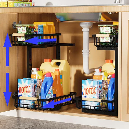 Under Sink Organizer,2 Pack Kitchen Organizers and Storage Adjustable Height 2 Tier Sliding L-Shape Cabinet Organizers Meatal,Under Bathroom Sink Organizer with Anti Slip Wooden Handle