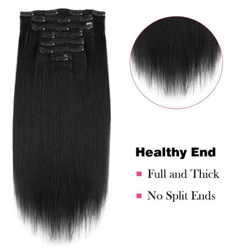 Sassina Yaki Clip ins Human Hair Remy Double Wefts Coarse Yaki Straight Clip in for Black Women 18 Inch Clip in Hair Extensions 7 Pieces 17 Clips 120 Grams Jet Black #1