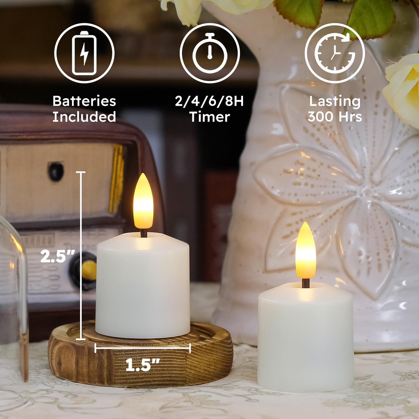 Mavandes Small Flickering Tea Light Flameless Candles with Battery and Remote,1.5" x2.5"" Ivory LED 2/4/6/8H Timer Votive Battery Operated Pillar Plastic Long Lasting 6pcs Tealight Candles"