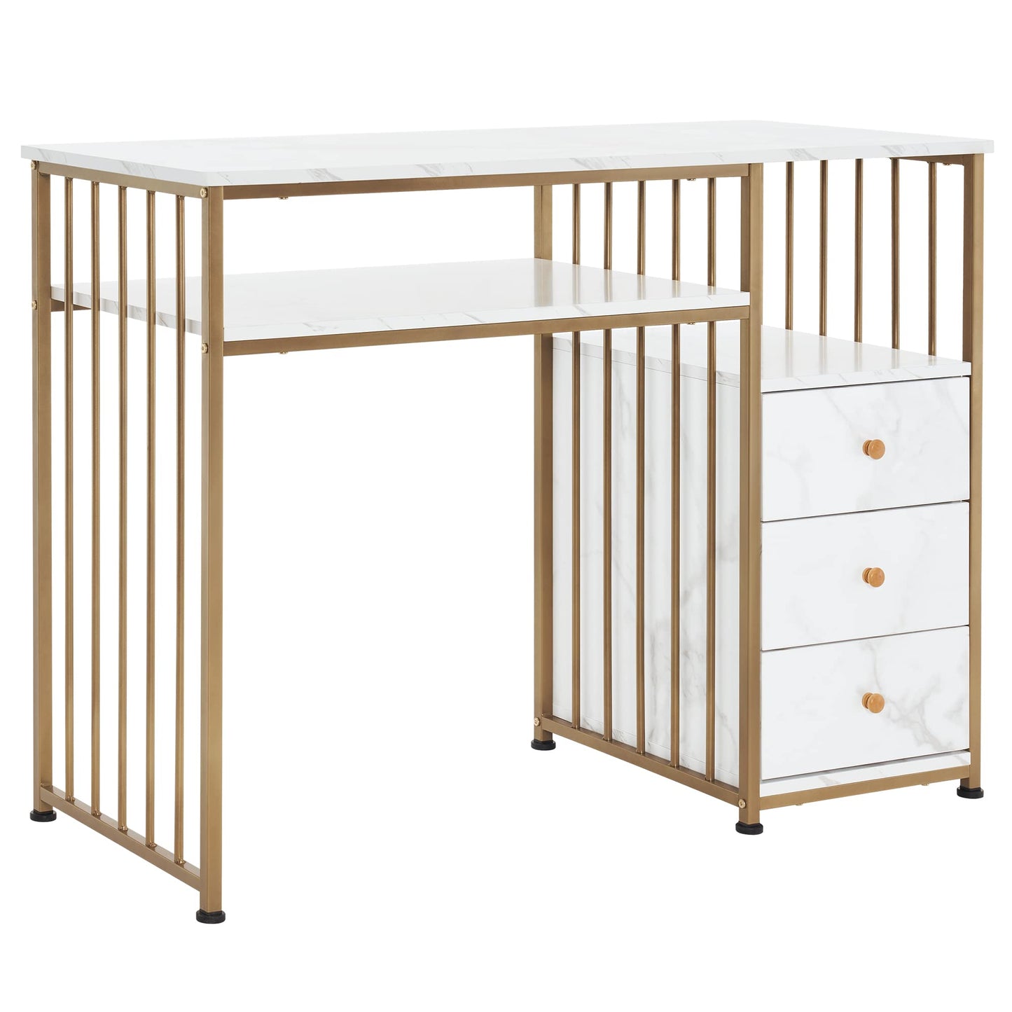 BarberPub Manicure Table for Nail Tech, Golden & Marbling Texture Nail Desk with Storage Drawers and Shelf, Home Salon Spa Equipment, Beauty Nail Table with Metal Frame 2407