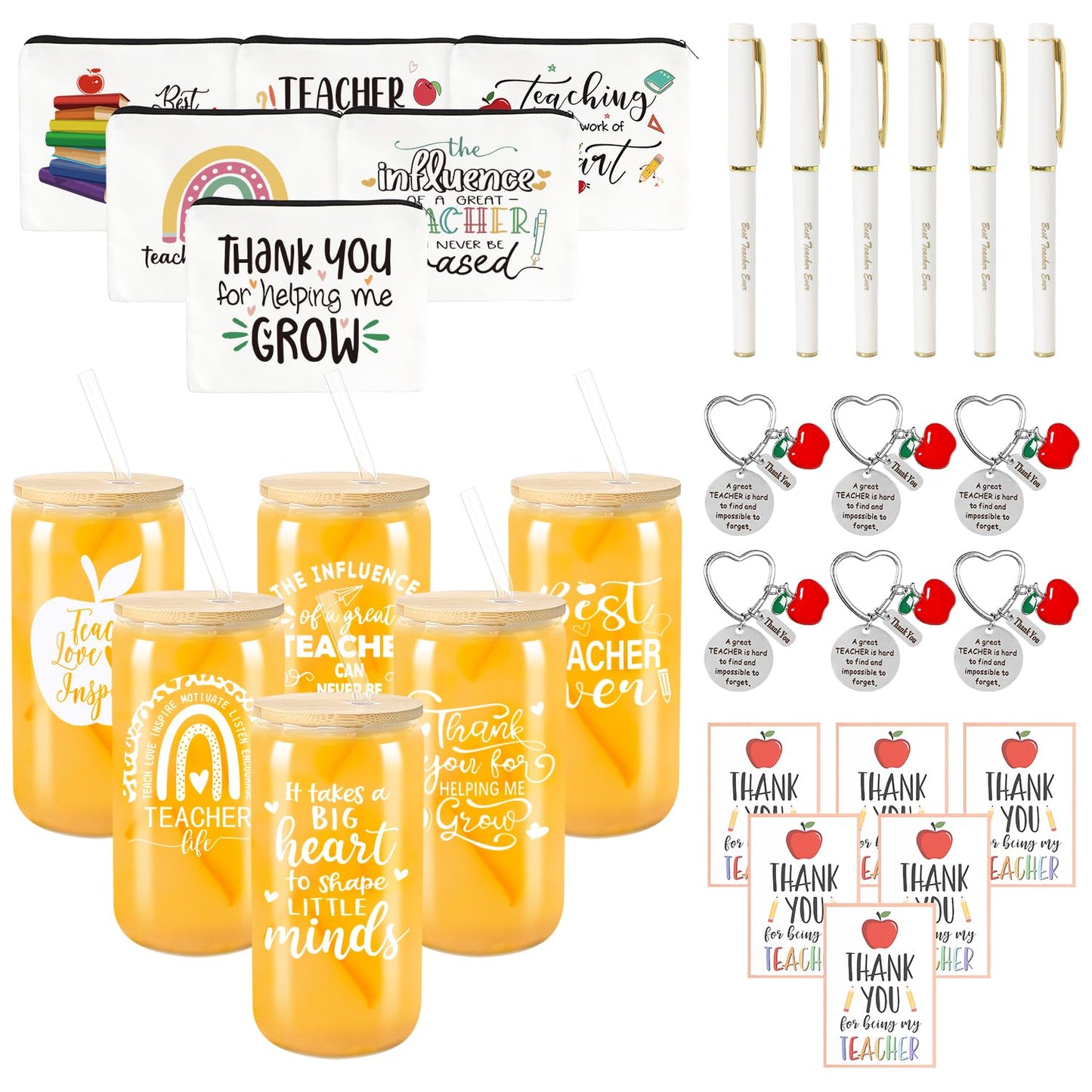 Frerdui 30 Pcs Teacher Appreciation Gift Set - Best Teacher Gifts, Back to School, Thank You Gifts, Retirement Gift for Women, with 16oz Coffee Glass Cup Keychains Zipper Bag Pen Greeting Card