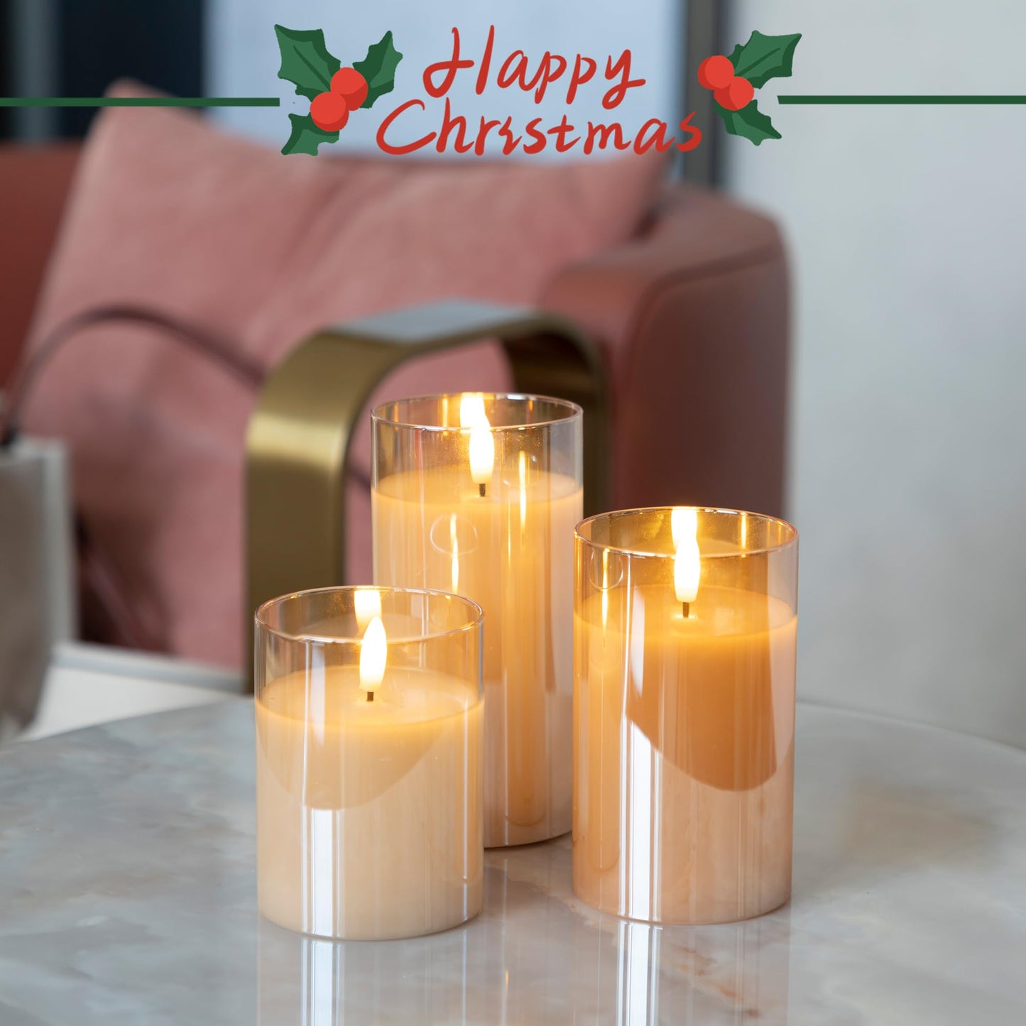 LUSHARBOR LUSHABOR Flameless Candles with Remote, 3 Pack Glass Battery Operated Candles with Timer, Real Wax Glass LED Candles Flickering Wedding Home Party Christmas D3 H4 5" 6"" Gold"