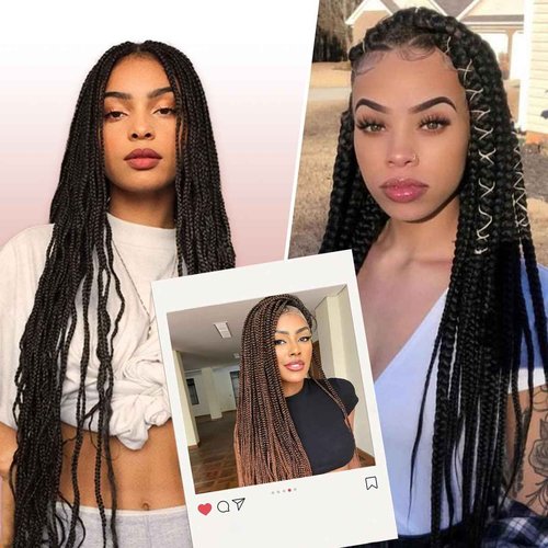 QUISDUIS 36 Inch Full Lace Braided Wigs for Black Women, 360° HD Single-layer Square Knotless Box Braid Wig with Baby Hair Handmade Synthetic Hair Blended Lace Front Wig Natural Black