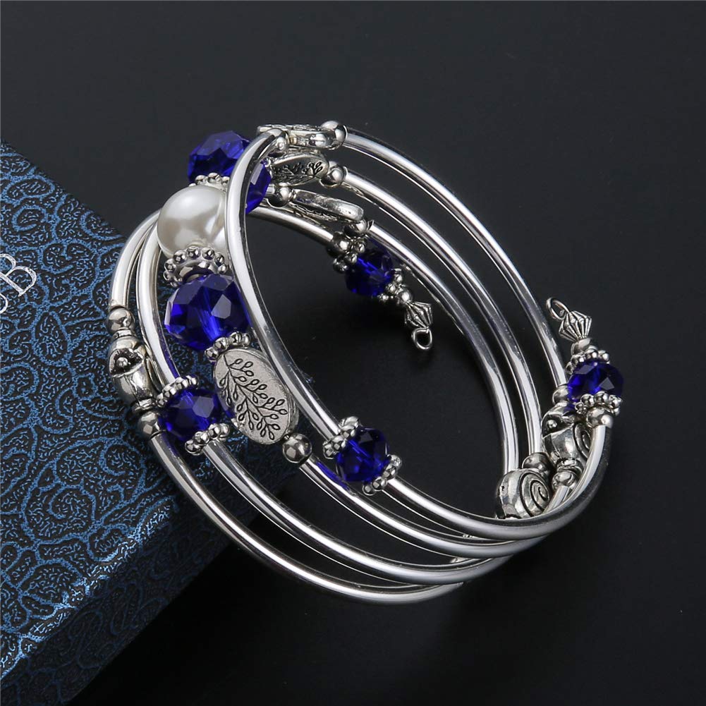 PEARL&CLUB Bead Crystal Wrap Bangle Bracelet - Fashion Jewelry Beaded Bracelet with Silver Metal, Gifts for Women(92-Sapphire)