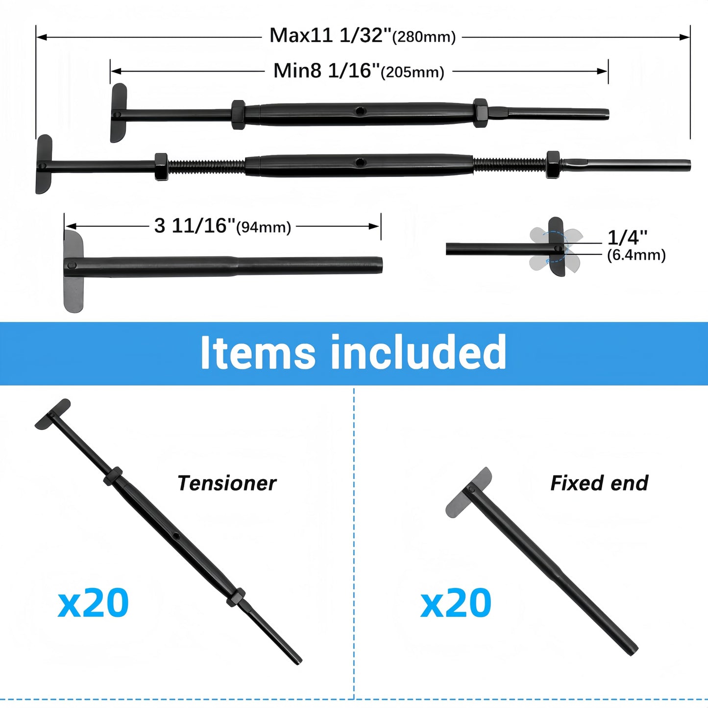 Helffer 20 Pairs Black Cable Railing Hardware Kit for 1/8" Cable Railing System, Highly Durable T316 Stainless Steel Turnbuckle for Metal Post Installations