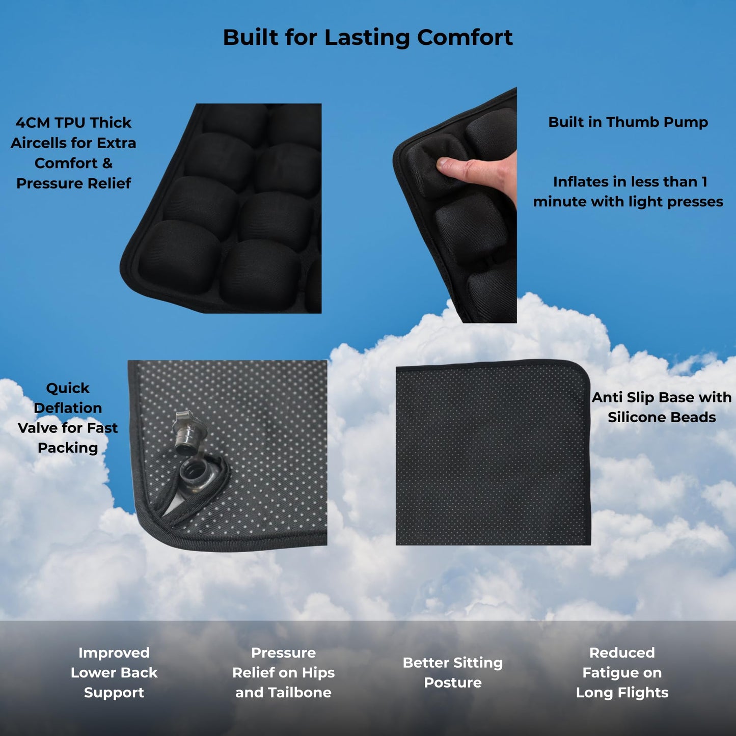 Inflatable Airplane Seat Cushion – Travel Seat Pad for Long Flights, Comfortable Air Travel Cushion with Built-in Thumb Pump for Quick Pressure Relief